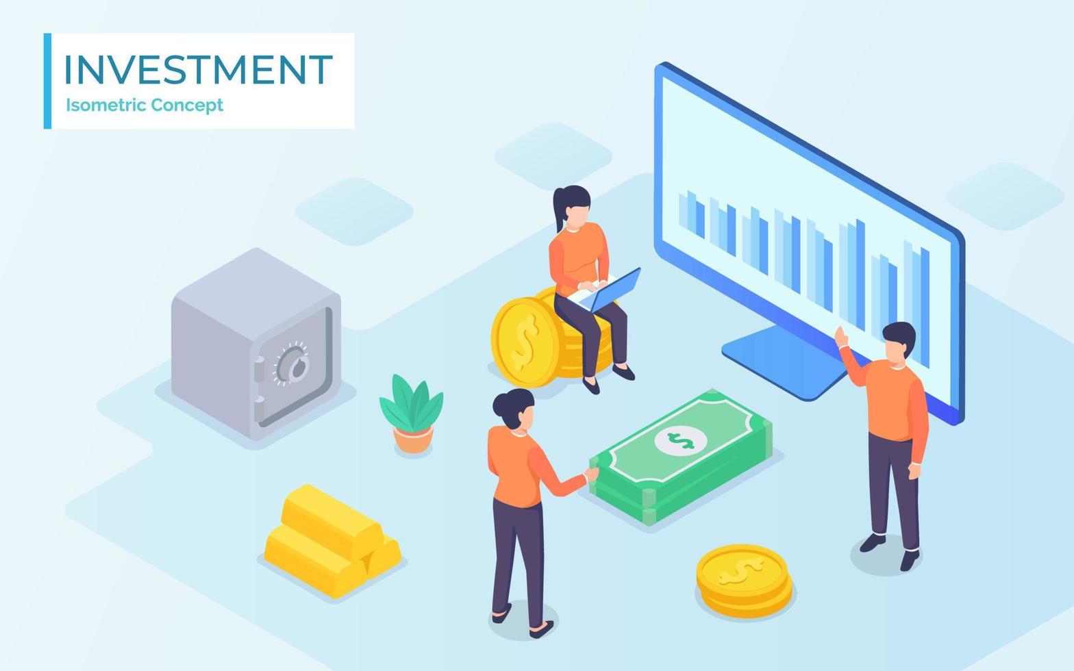 Woman and Man Analyzing Growing Chart and Graphs for business investment on screen with modern Flat Cartoon Vector