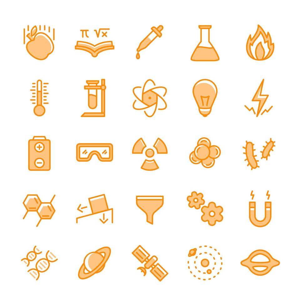 conjunto de iconos de ciencia con fondo blanco de color amarillo vector de diseño plano moderno aislado