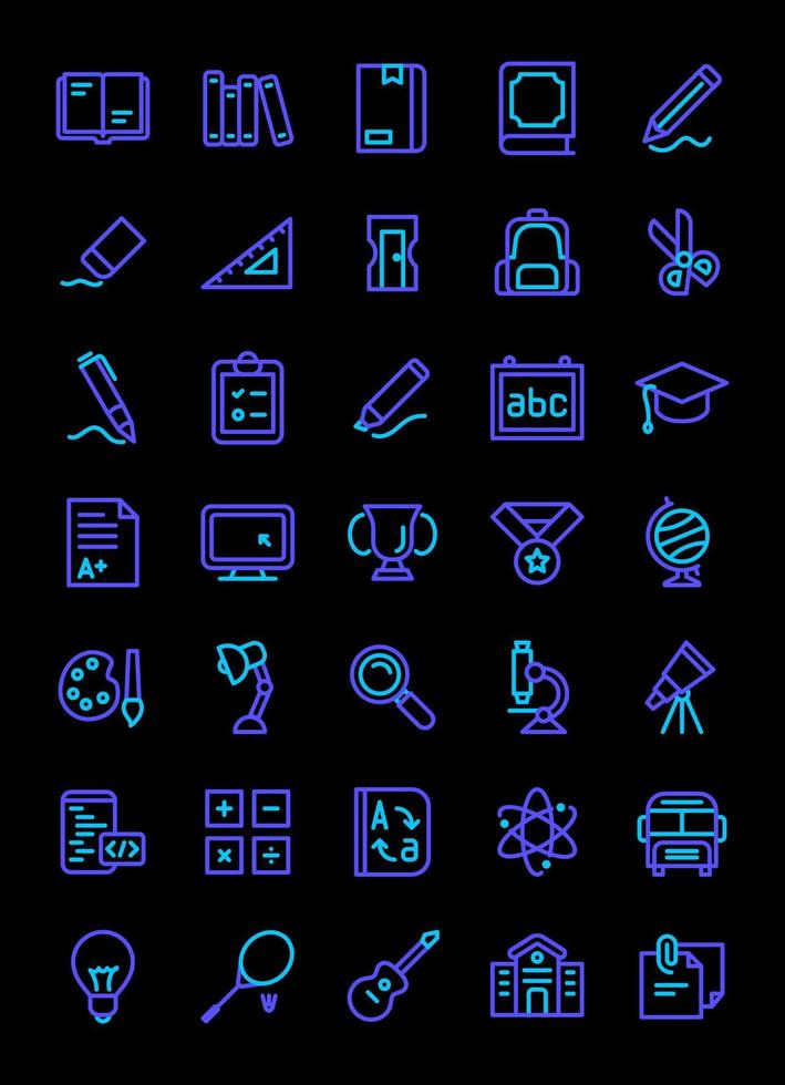 conjunto de iconos de educación línea azul negro moderno color neón aislado moderno diseño plano vector