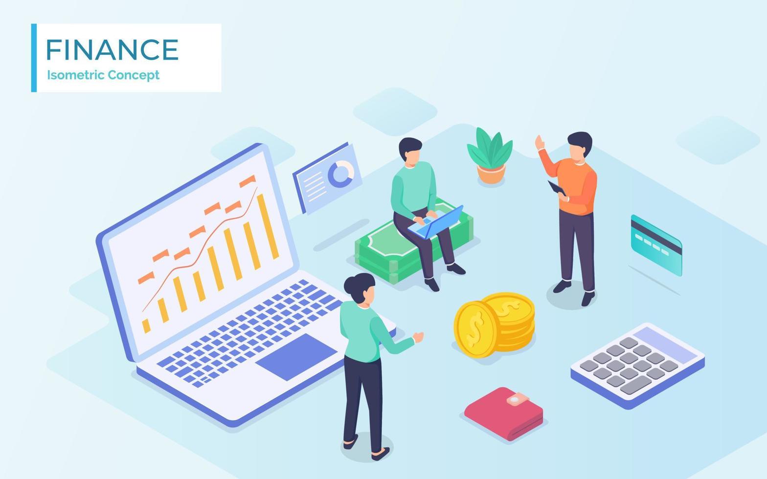 the manager finance is giving direction to his staff to improve performance by showing their appraisal on laptop with modern flat isometric cartoon illustration vector