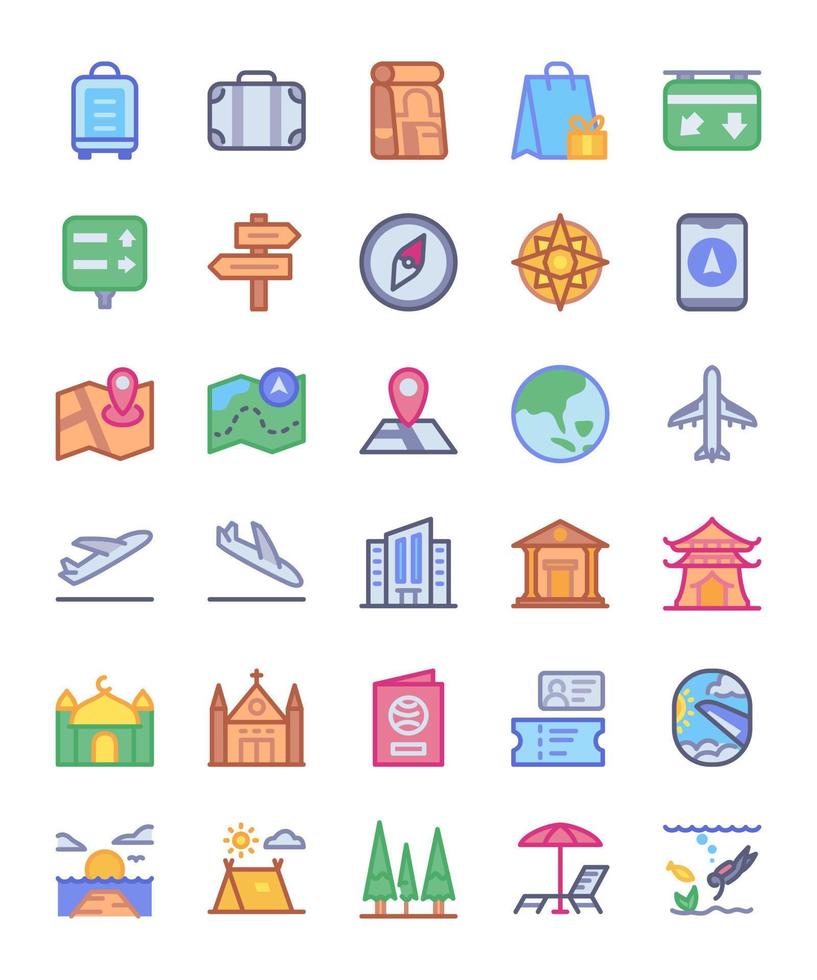 Travel icon set traffic sign diving camping airplane passport beach plane compass museum sea tree with full color style flat design. vector