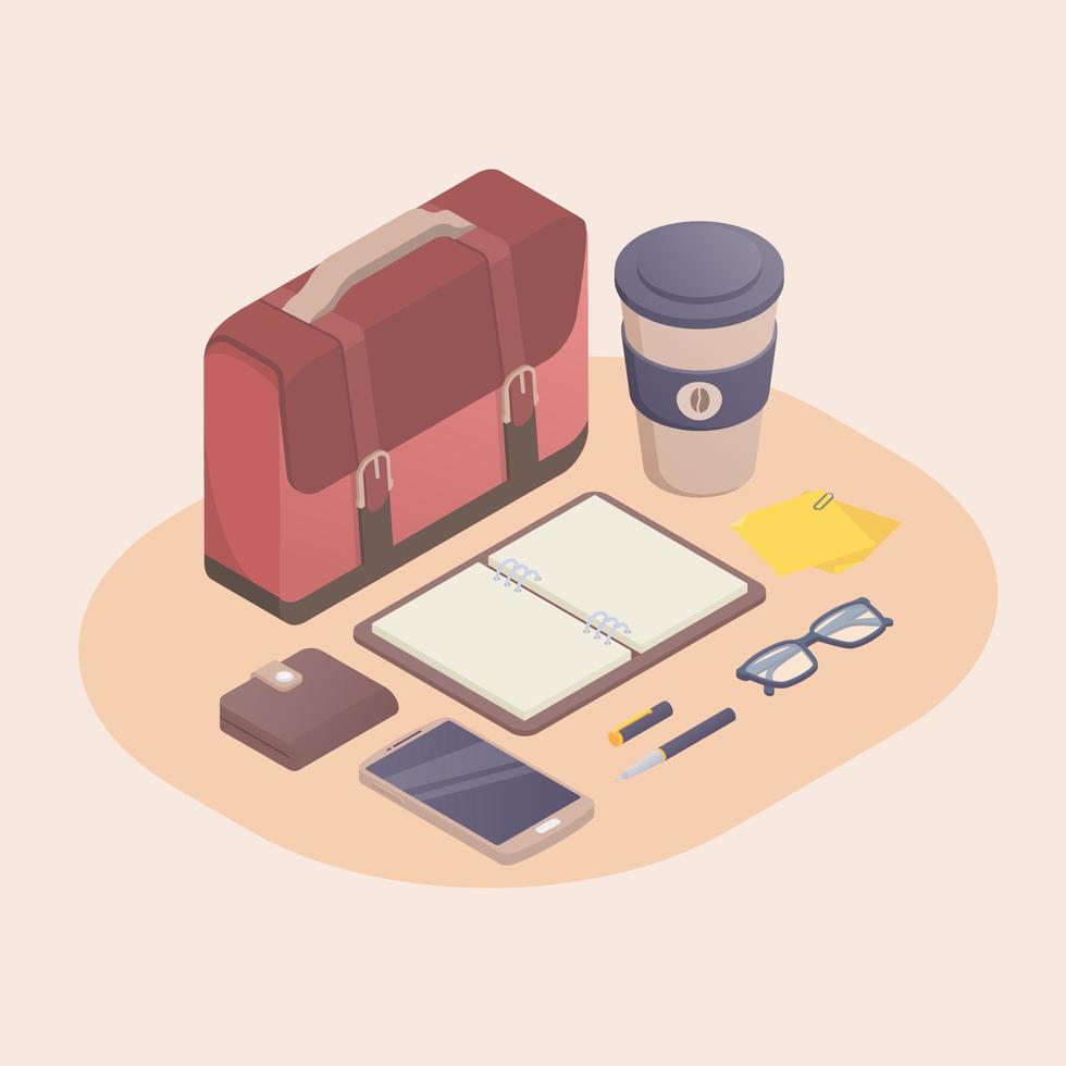 Accessories professional businessman isometric style modern flat cartoon design vector