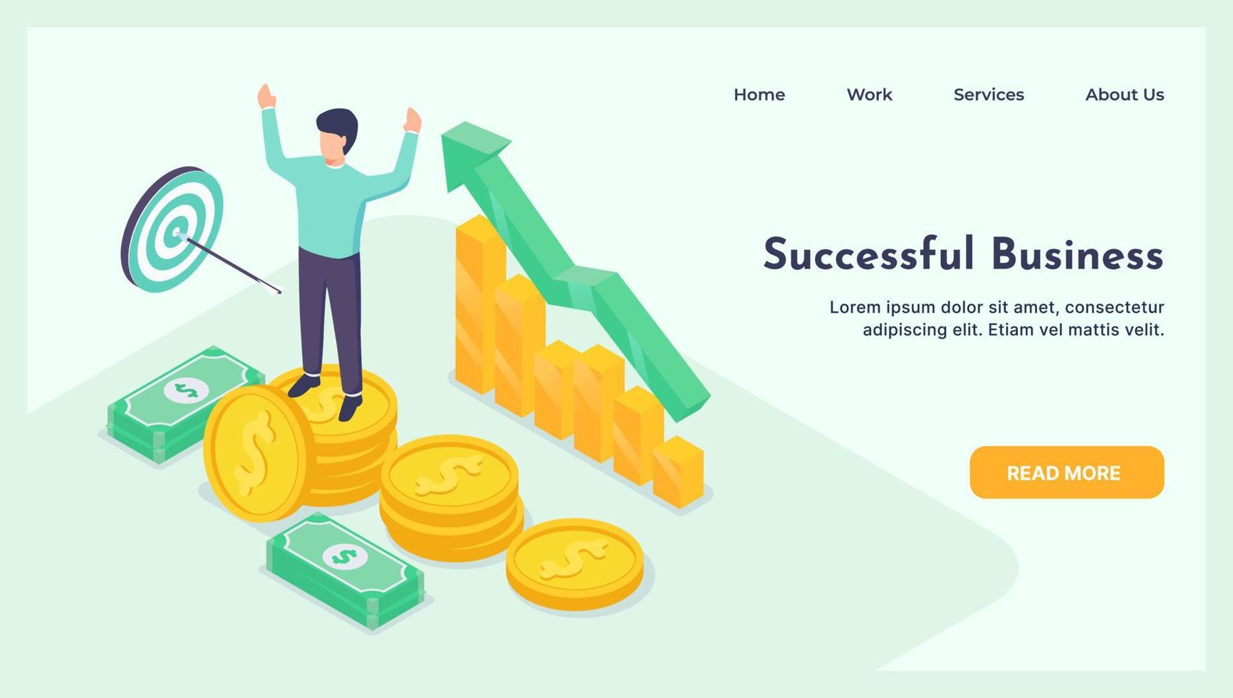 happy businessman celebrates success standing on gold and money. Concept of success start up.vector isometric vector
