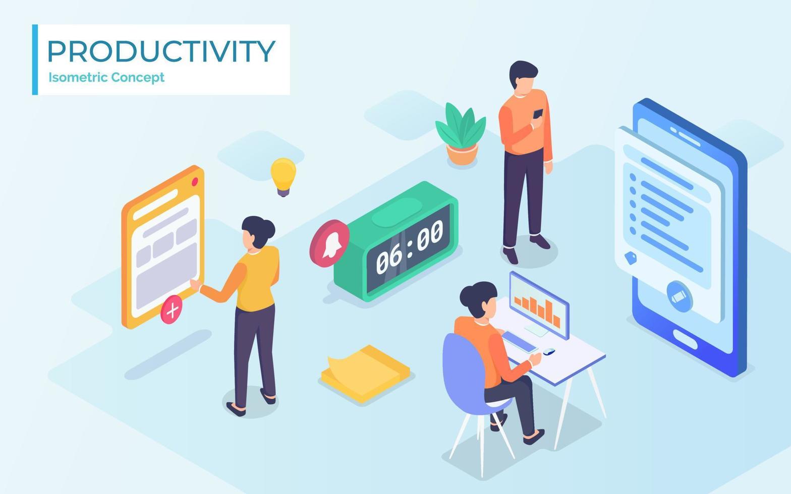 Productivity concept people working on the office isometric modern flat cartoon design vector