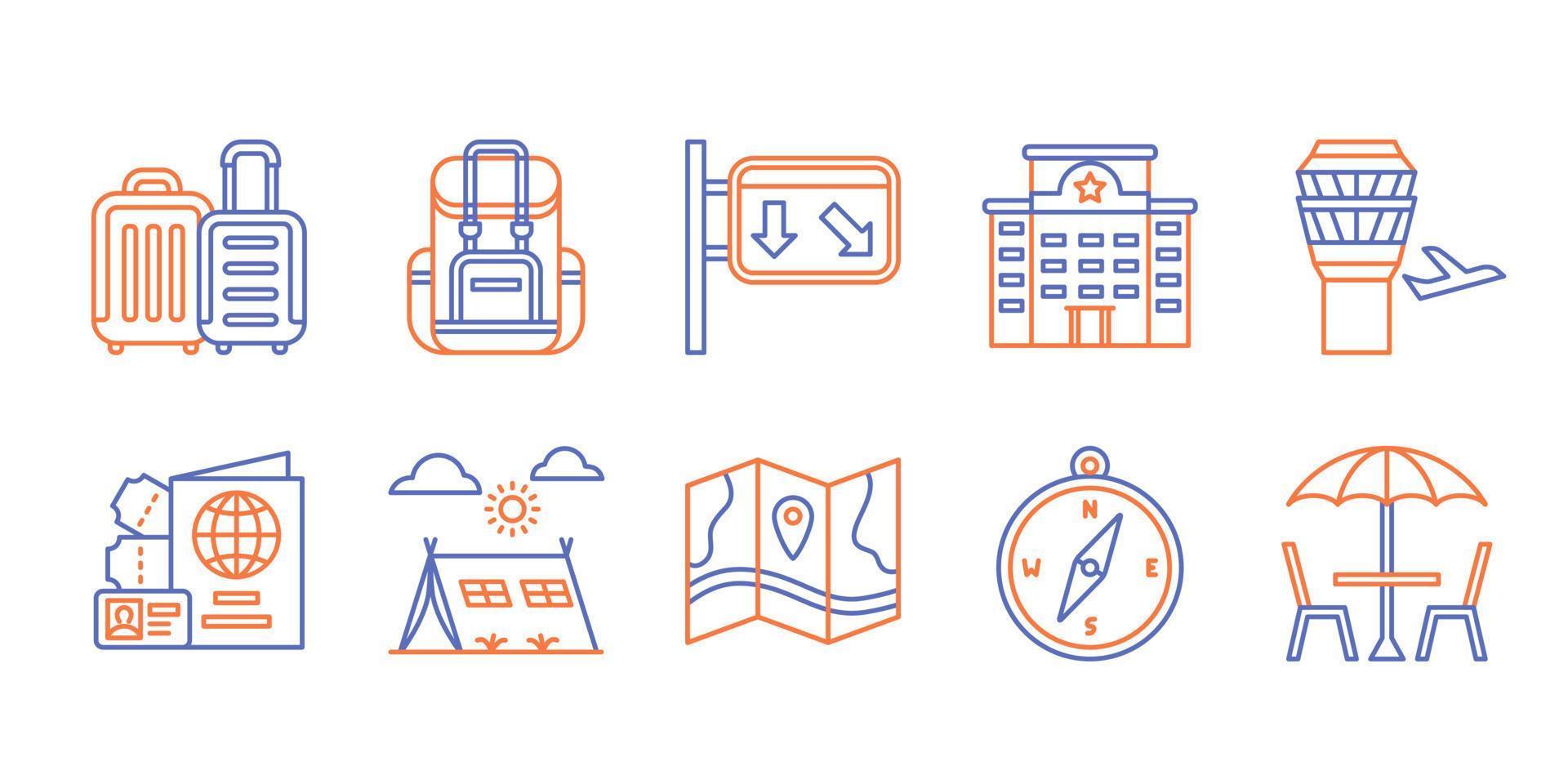 ravel icon set backpack traffic sign hotel airport flight passport compass camping cafe with dual color line style flat. vector