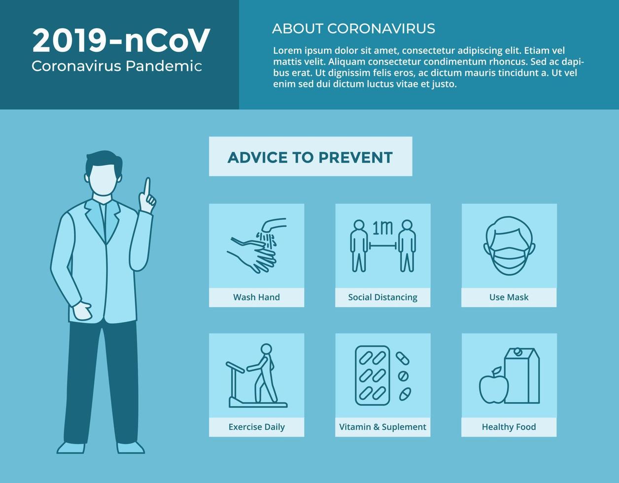 how to stop corona virus with icons collection and doctor give advice for poster and template brochure flyer vector