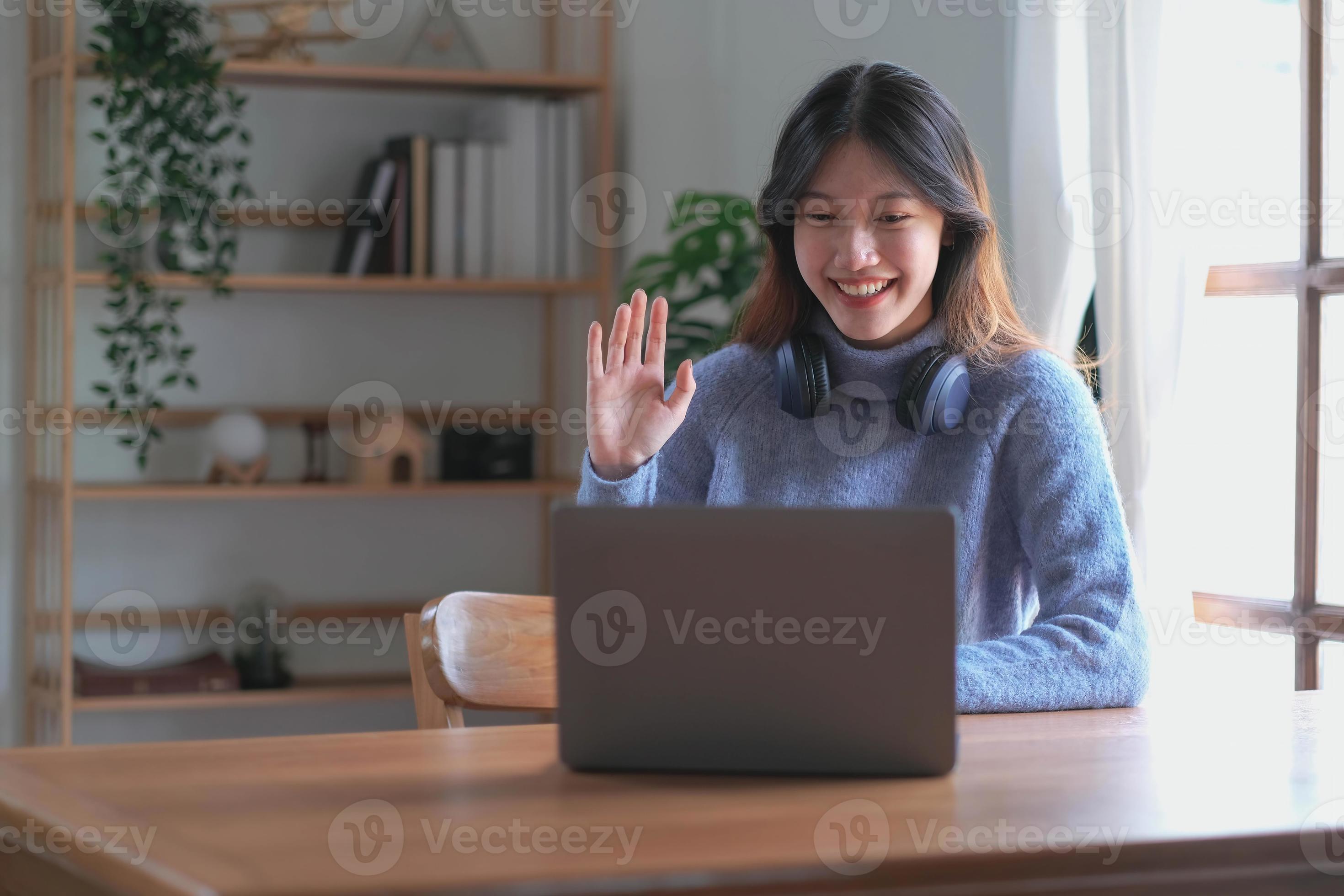 Asian girl student online learning class study online video call zoom