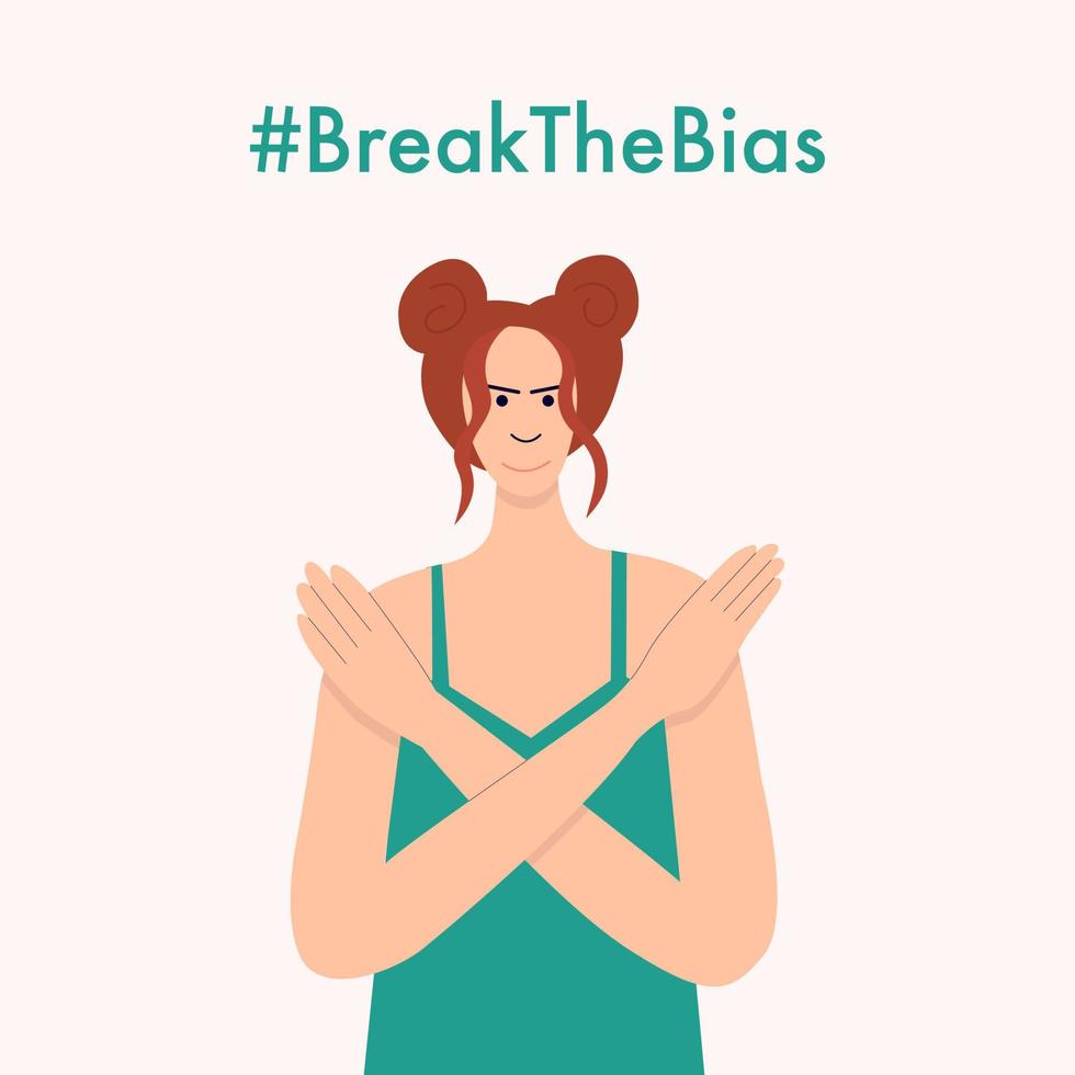 Woman cross arms break the bias concept. Vector flat illustration woman making stop gesture.