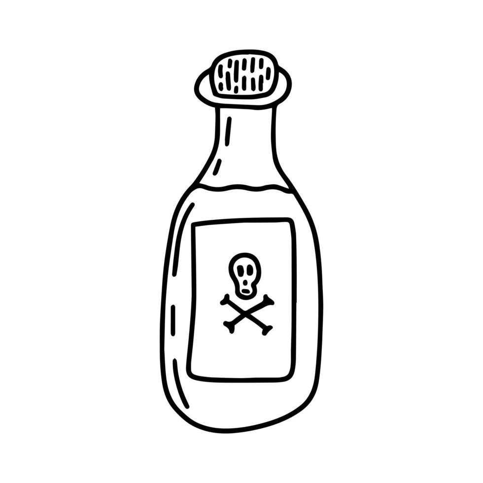 vector doodle poción venenosa en una botella de vidrio con cráneo. pote de cristal mágico dibujado a mano con poción aislada