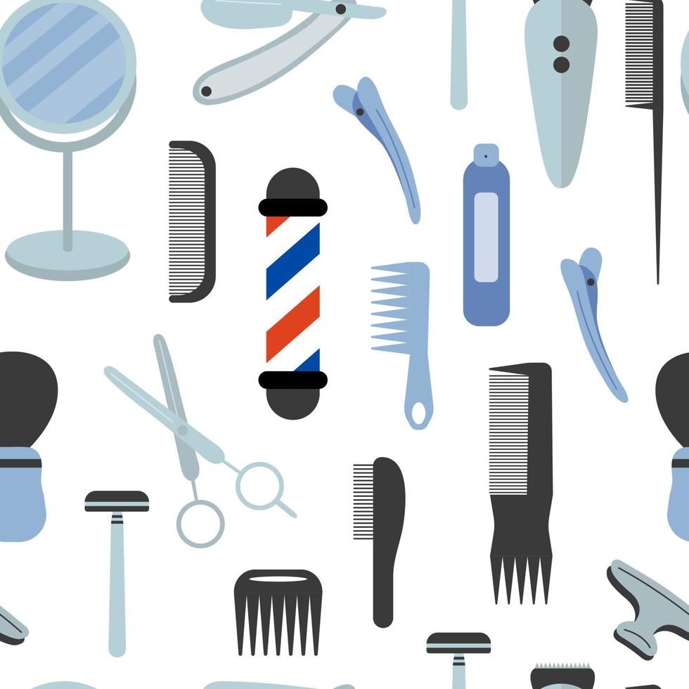 Barbershop vector flat style seamless pattern. Hair trimmer, scissors. razor shaving isolated on white background.