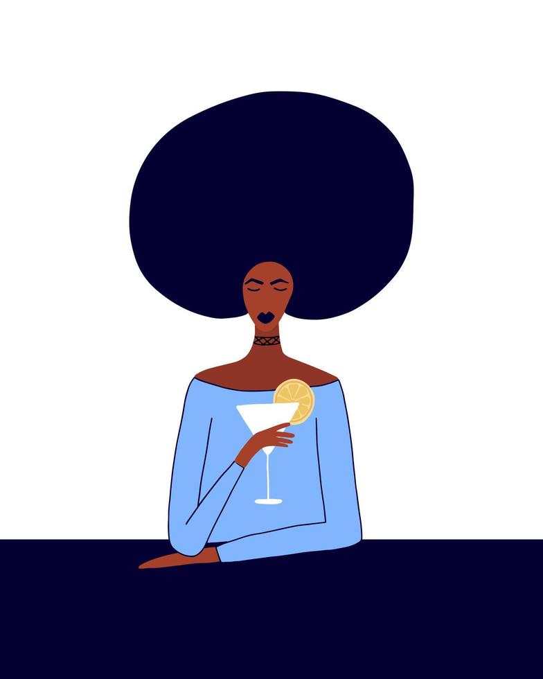 Vector black woman with cocktail in hand fashion print. Flat style illustration with afro woman holding drink in hand