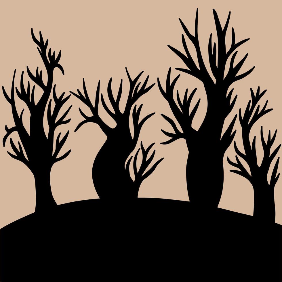 Scary trees silhouettes Halloween vector illustration. Black silhouette flat illustration