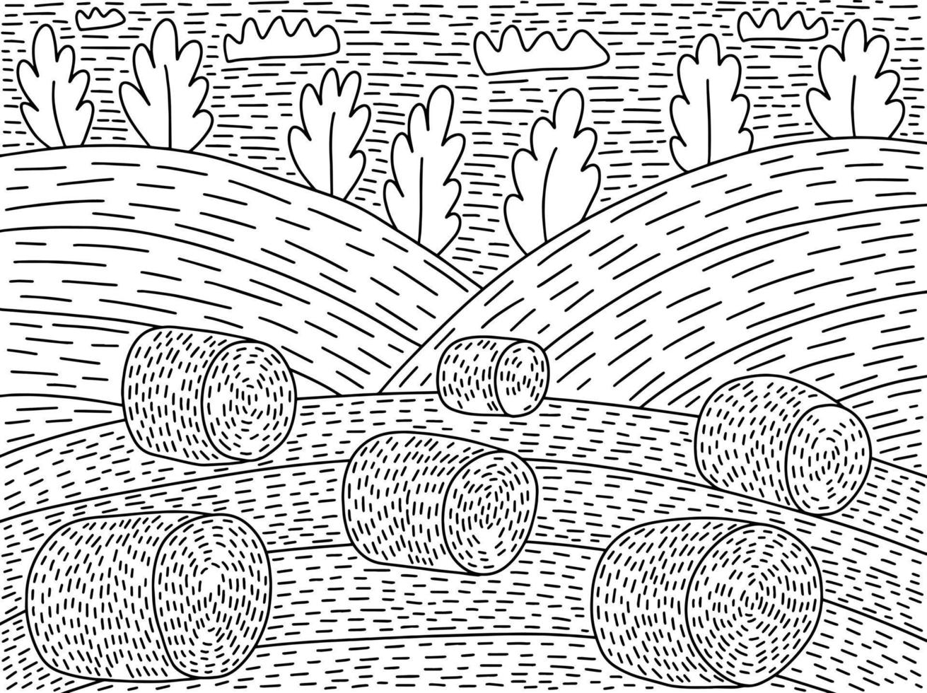 heno campo para colorear página vector ilustración. libro de colorear de paisaje de otoño de campo de heno dibujado a mano