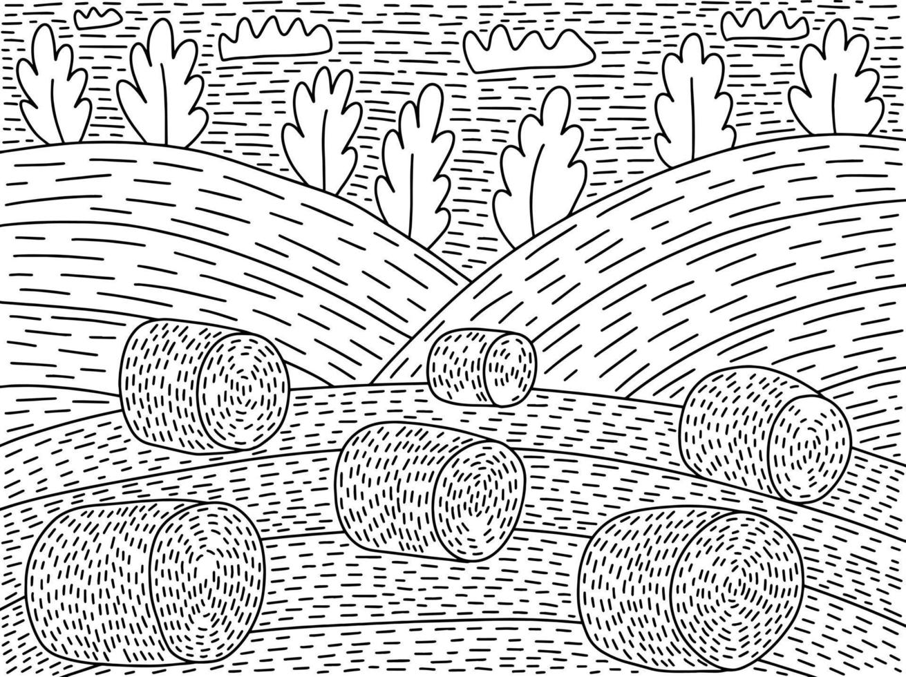 Haymaking field coloring page vector illustration. Hand drawn hay field autumn landscape coloring book