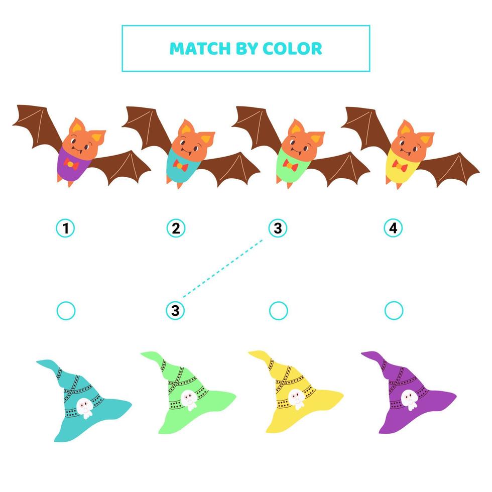 Match cute cartoon bats by color. vector