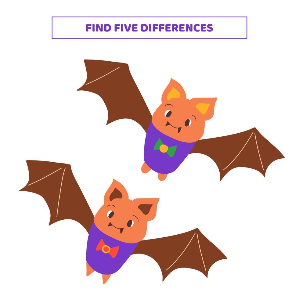 Find five differences between cartoon bat. vector