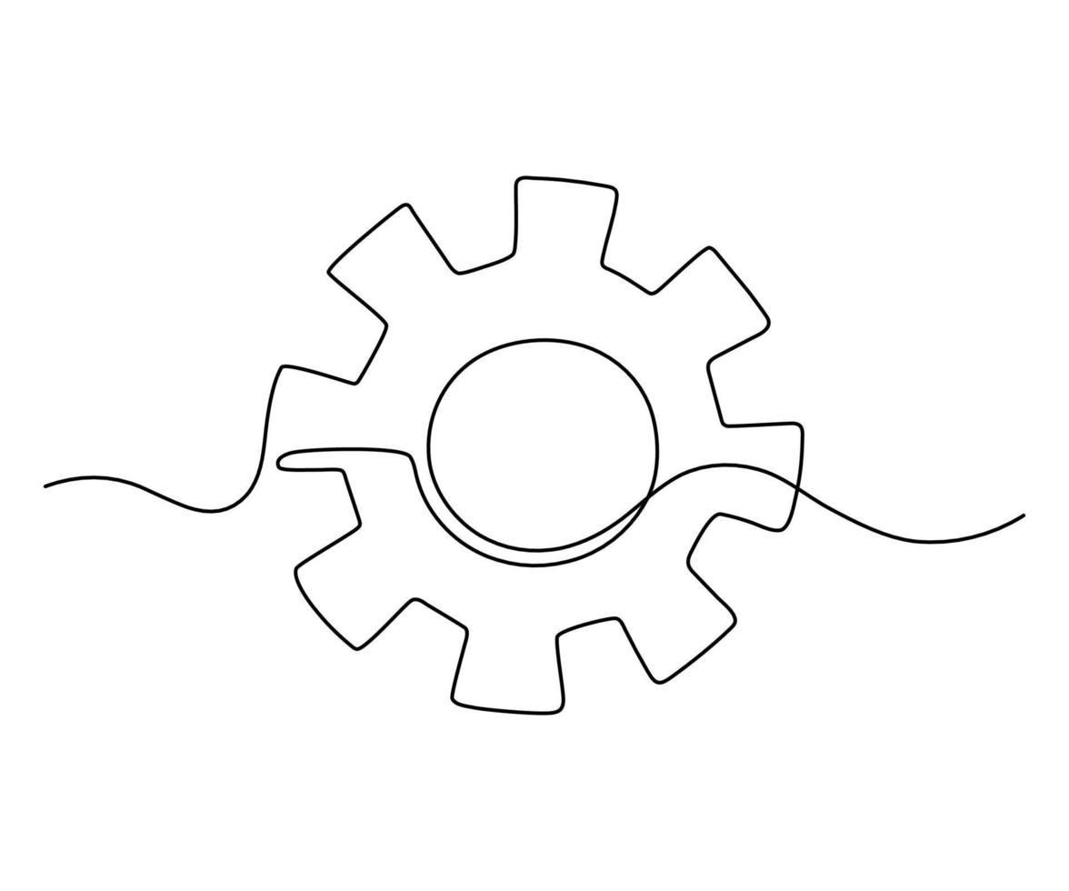 Rueda dentada en tecnología de símbolo de movimiento, dibujo continuo de una línea. mecanismo de engranaje de engranaje móvil para el concepto de trabajo empresarial. contorno único contorno. ilustración vectorial vector