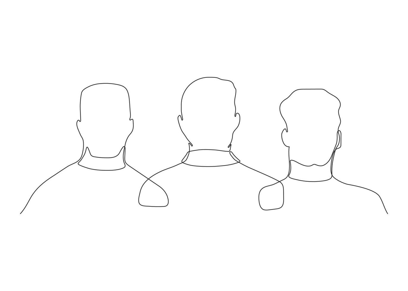 Community of men friend hug and support together, back view, continuous one art line drawing. Three human heads, men's team work, unity group. Brothers in embrace. Vector outline illustration