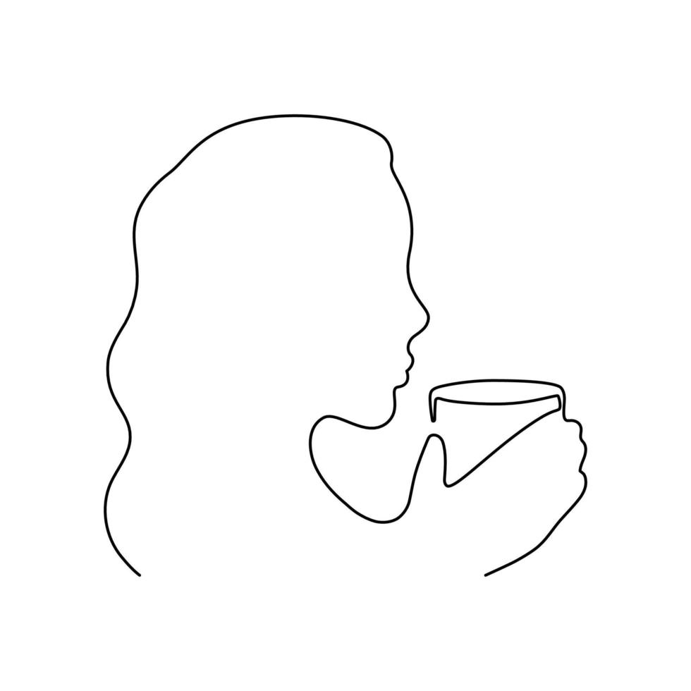 Woman with cup of coffee or tea, one single continuous line drawing. Simple abstract outline of girl and mug with steam beverage. Vector illustration