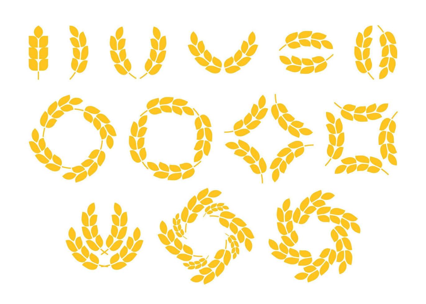 Gold wheat grain ear set, circle wreath frame. Icon whole bread grains, wheat, barley, rice, corn, oat ear. Spica harvest plant for agriculture, cereal products, bakery. Vector symbol