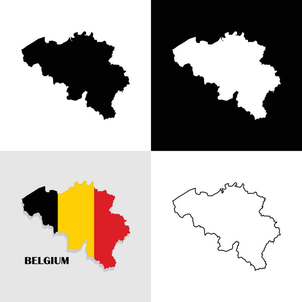 Set of Belgium map vector. Black and white background, map filled flag of Belgium country, black outline on white background vector