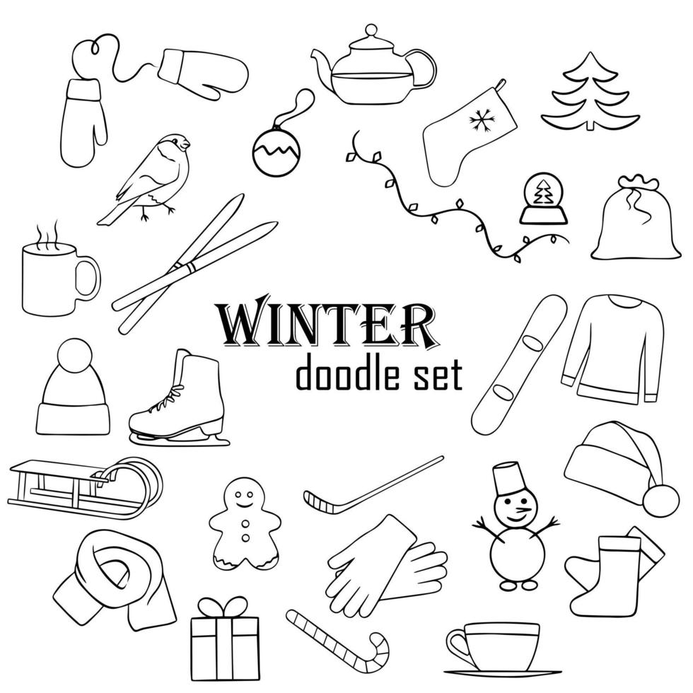 black and white winter set, doodles, winter entertainment, icons, hand drawing vector