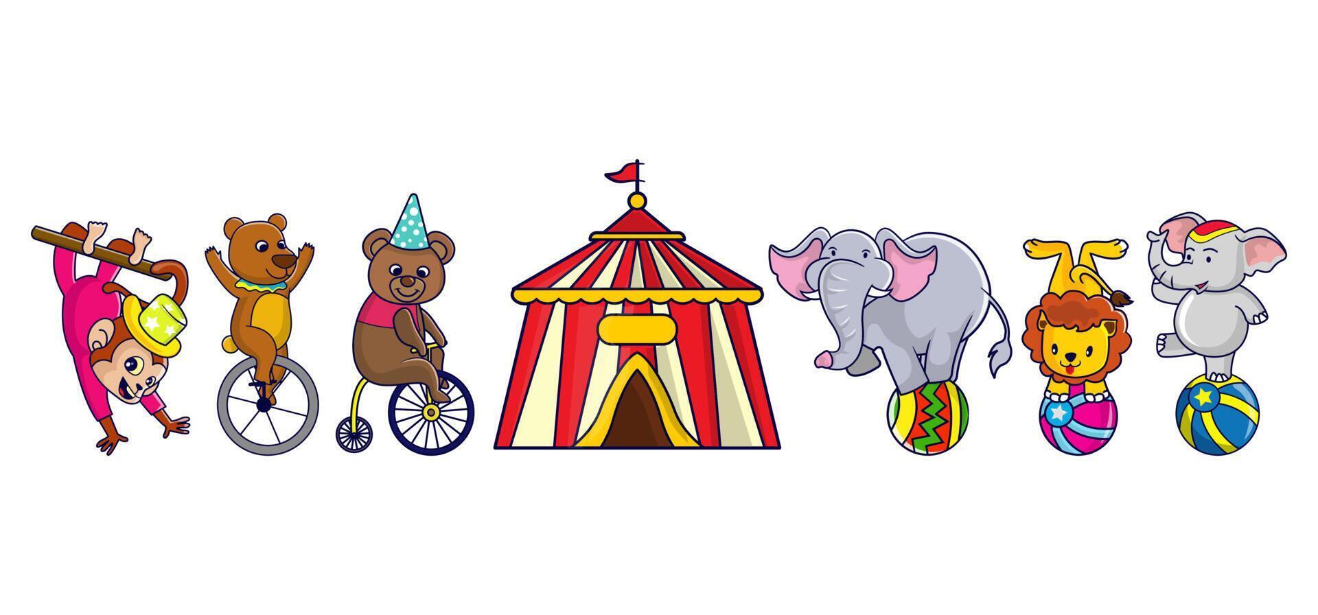 conjunto de elementos de animales de circo, carpa, mono colgando, oso en monociclo, elefantes en una pelota, león en una pelota vector