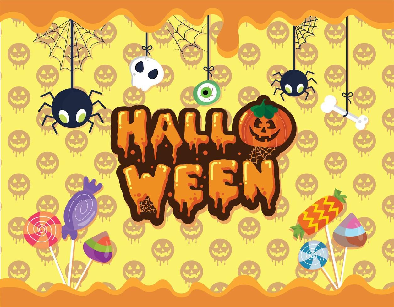 Halloween seamless pattern with pumpkins, candies, eyeball, ghost, spooky vector