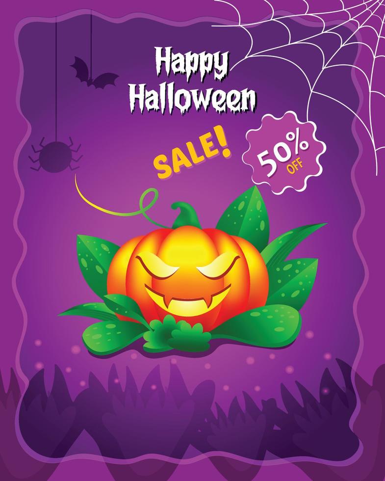 Happy Halloween sale banner poster flyer with scary pumpkin, pot, tree, spider, skull, bat, full moon vector design