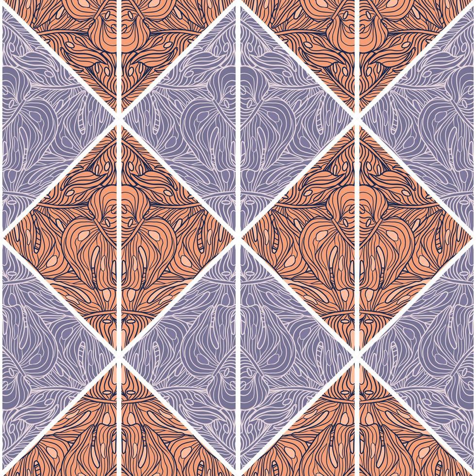 Vintage monstera mosaic seamless pattern. Contoured outline palm leaves tile. Botanical endless wallpaper vector