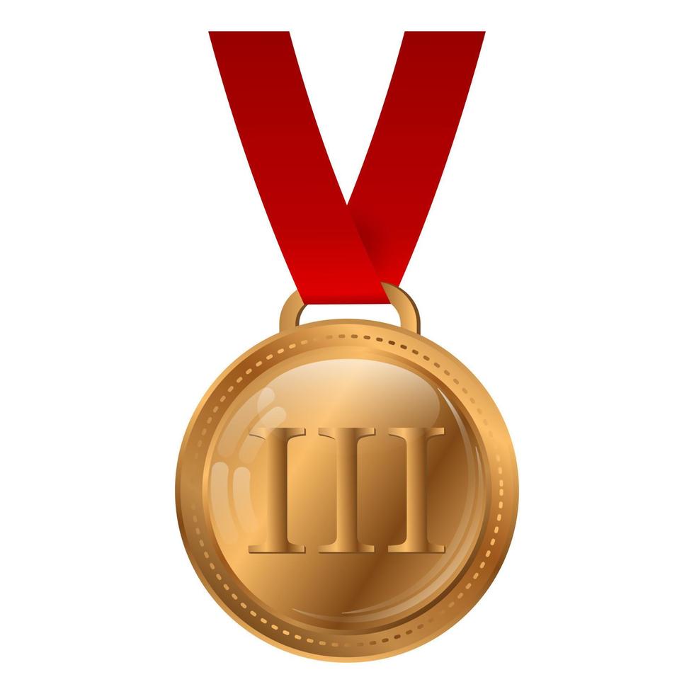 Bronze medal with red ribbon isolated on white background. Award, prize for third place. Vector illustration.