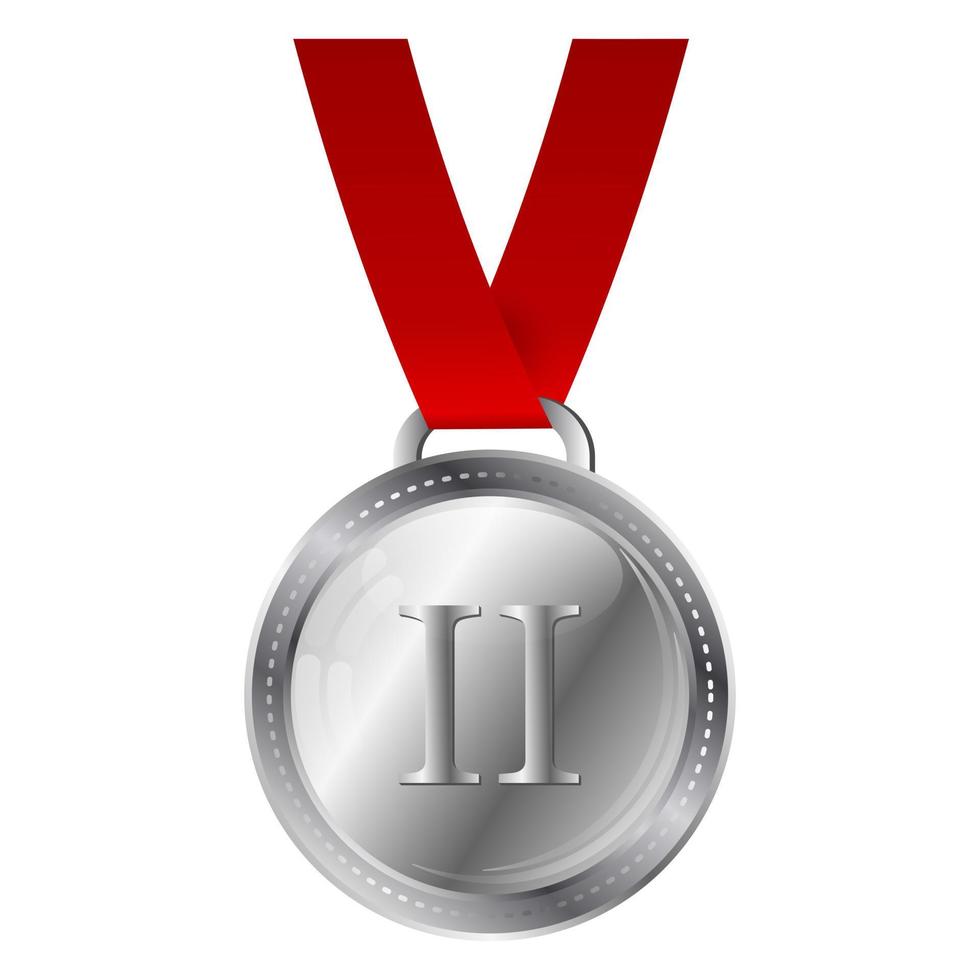 Silver medal with red ribbon isolated on white background. Award, prize for second place. Vector illustration.