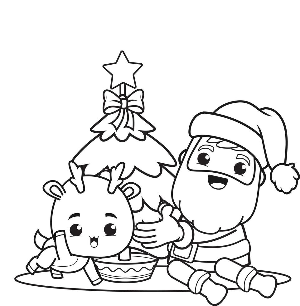 coloring book christmas with santa claus and cute deer vector