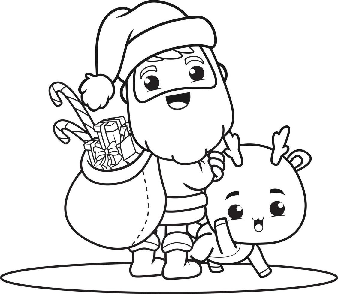 coloring book christmas with santa claus and cute deer vector