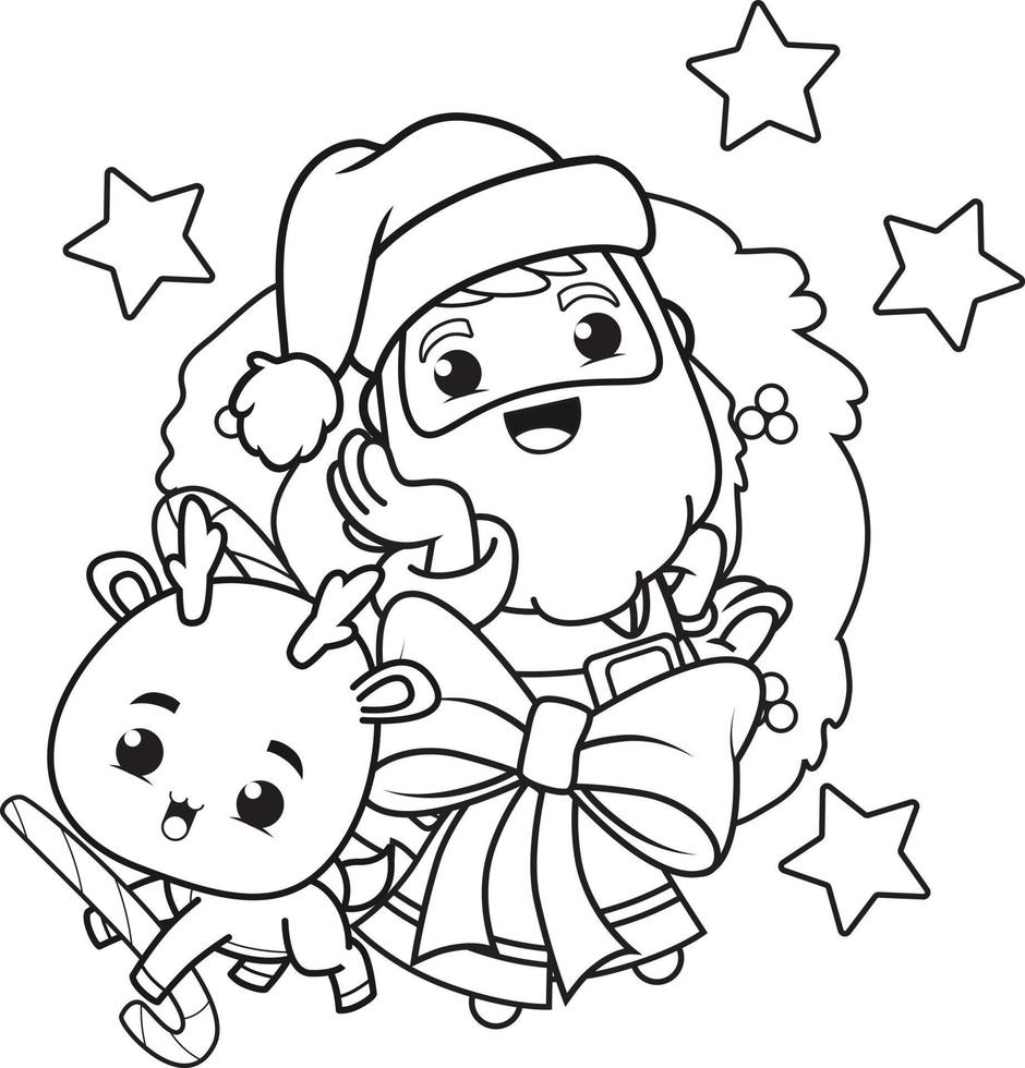coloring book christmas with santa claus and cute deer vector