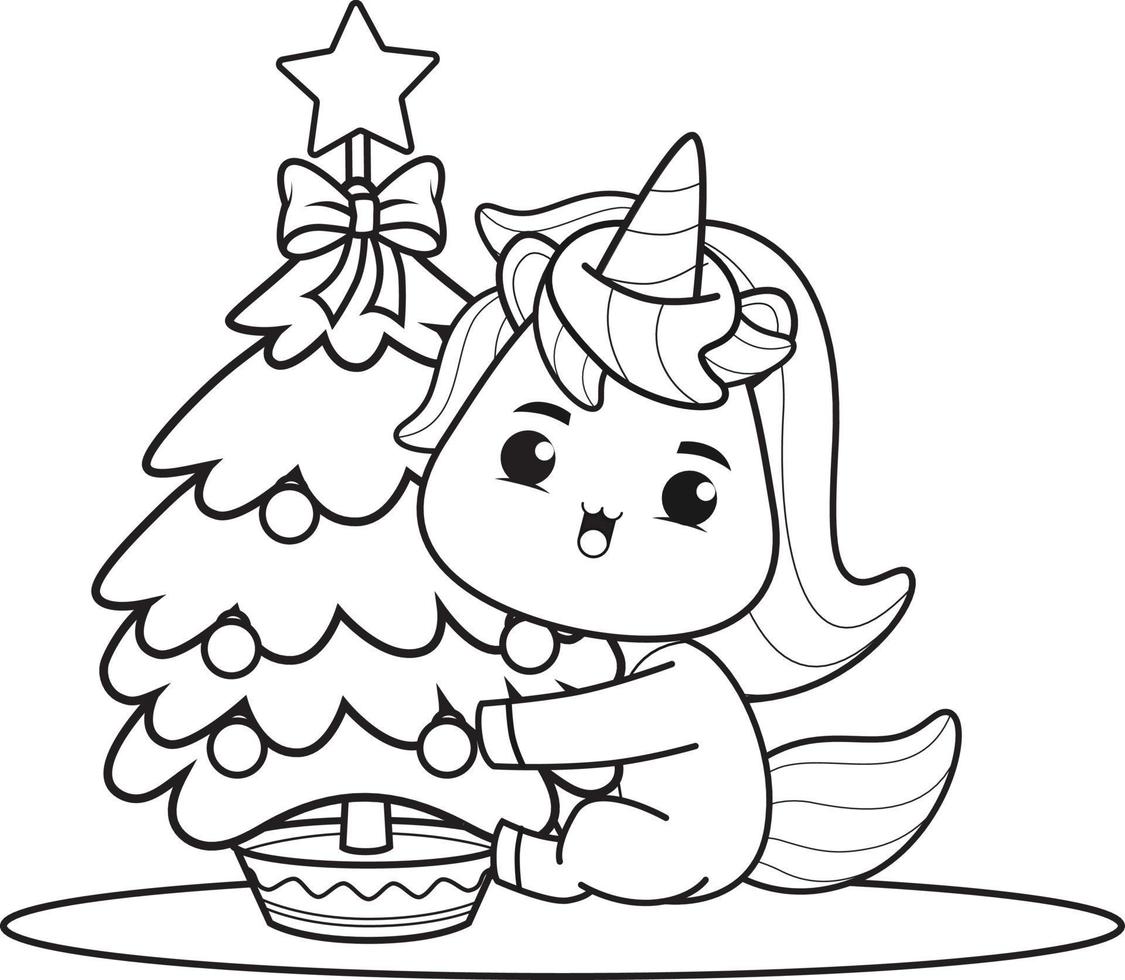 coloring book christmas with cute unicorn vector