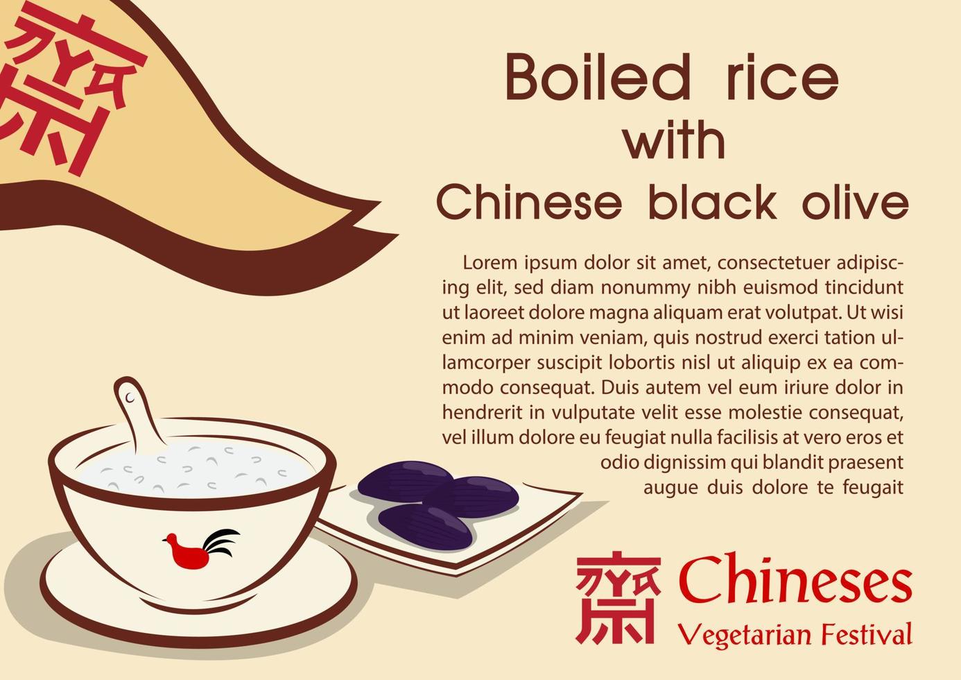 Chinese vegan food with the name and example texts, triangle flag and wording design of Chinese Vegetarian Festival on light brown background. Chinese letters is mean worship Buddha in English vector