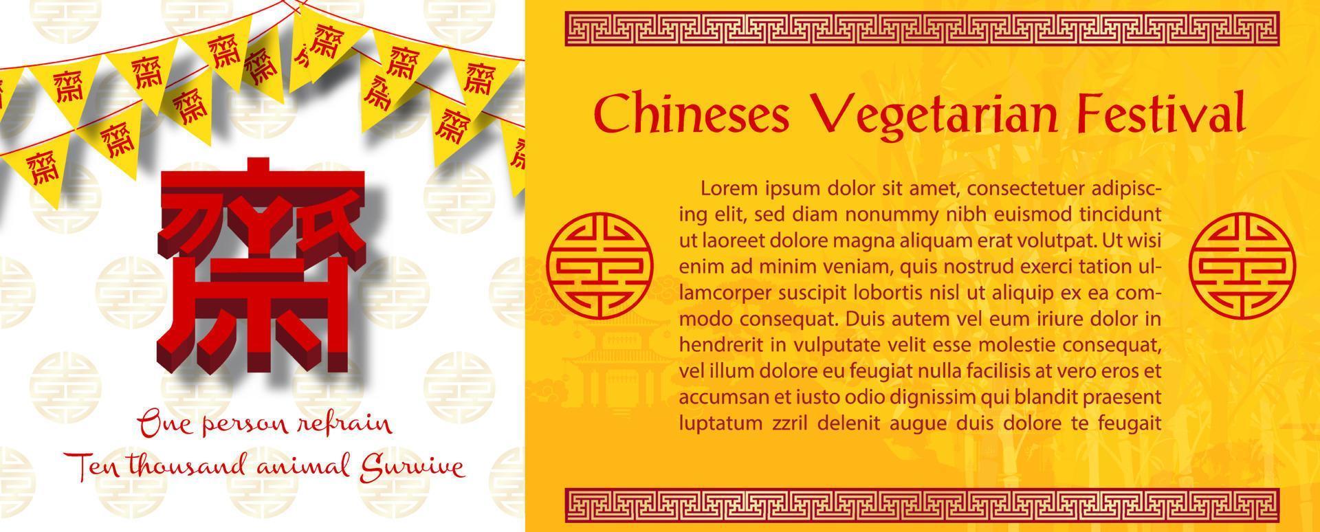 bandera triangular del festival vegetariano chino con letras chinas en 3d, eslogan y textos de ejemplo sobre fondo blanco y amarillo. Las letras chinas significan ayuno para adorar a Buda en inglés. vector