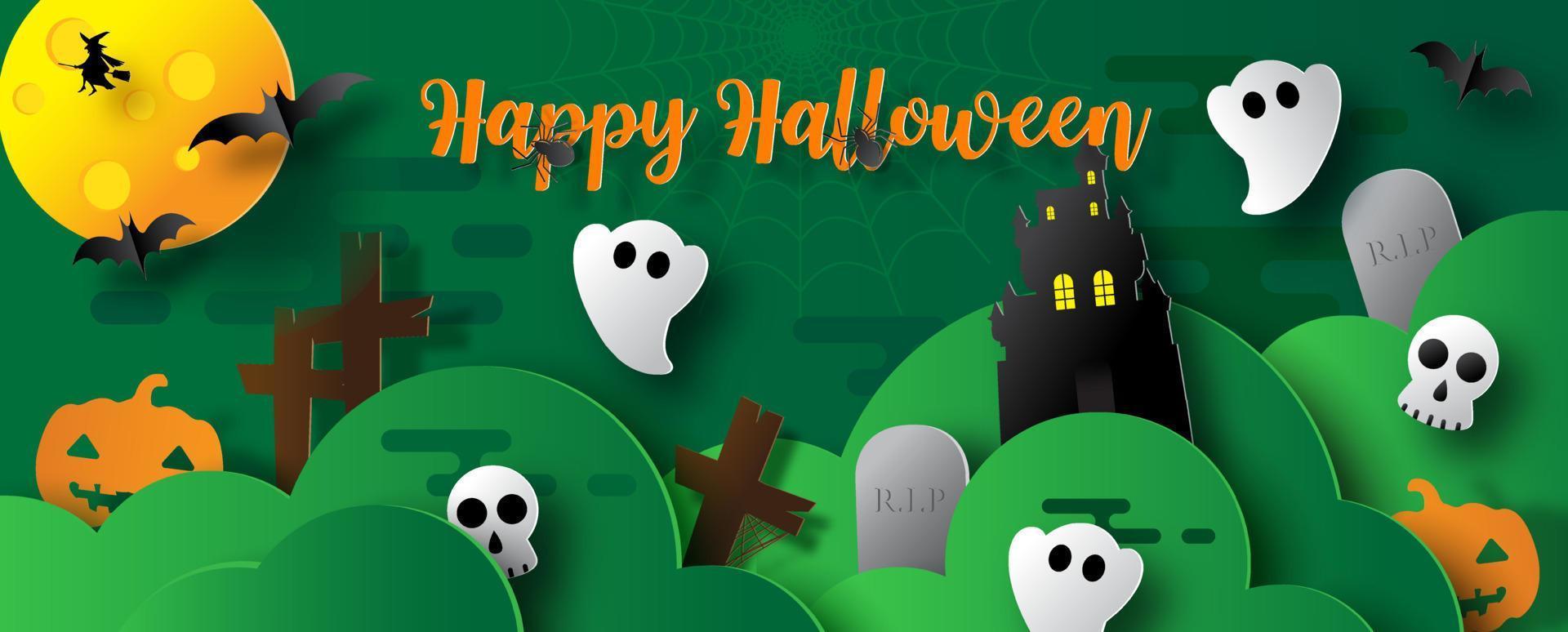 Halloween cute ghosts party in a graveyard scene with green clouds. Happy Halloween greeting card in paper cut style and web banner design and green background. vector