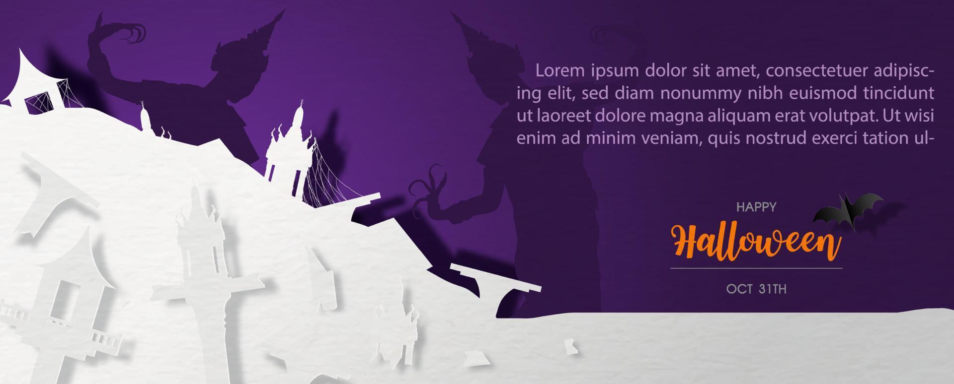 Heap of Thai spirit house broken in paper cut and example texts on silhouette Thai dancing ghosts and violet background. Thai spirit house and Thai dancing ghost is a terrifying ghost in Thailand. vector