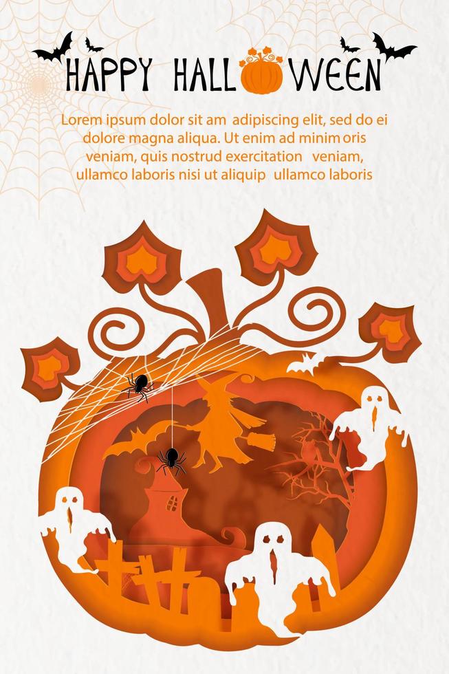 Halloween atmosphere in a pumpkin with design of Happy Halloween lettering and example texts on paper pattern background. Halloween card in vector design and paper cut style.