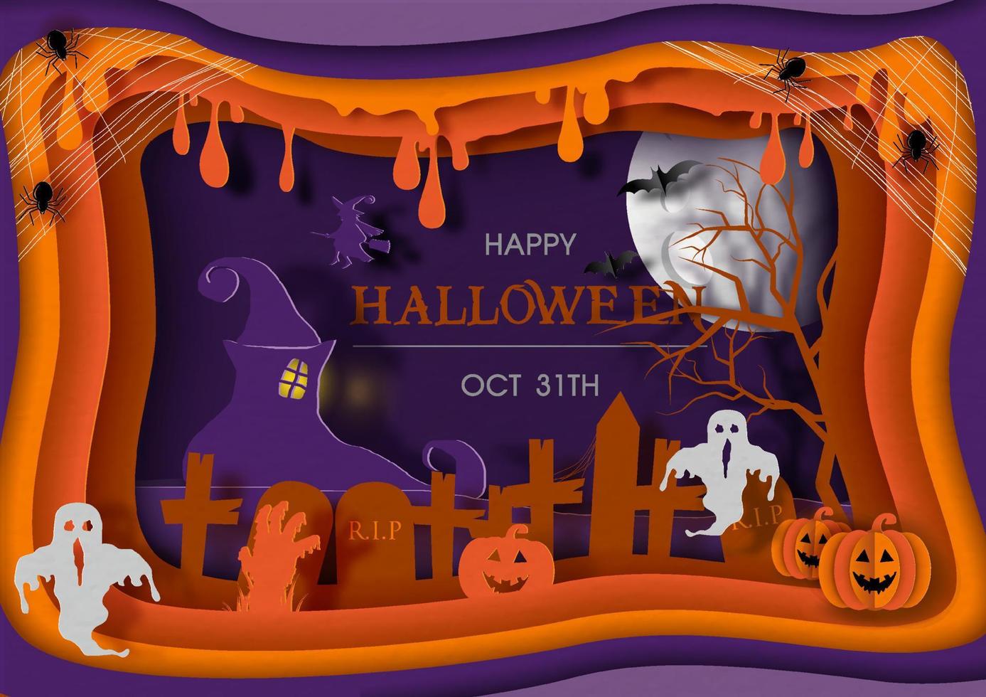Halloween atmosphere with scary ghosts and Jack o'lanterns pumpkins in a photo frame and paper cut design on Happy Halloween lettering and paper pattern background. vector