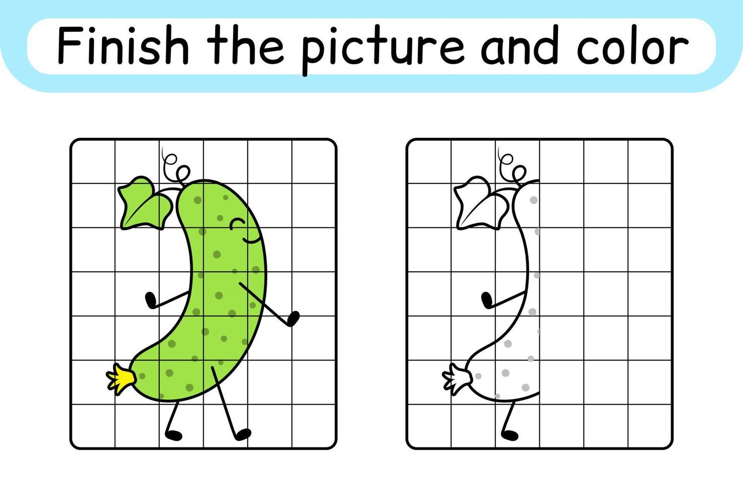 Complete the picture cucumber. Copy the picture and color. Finish the image. Coloring book. Educational drawing exercise game for children vector