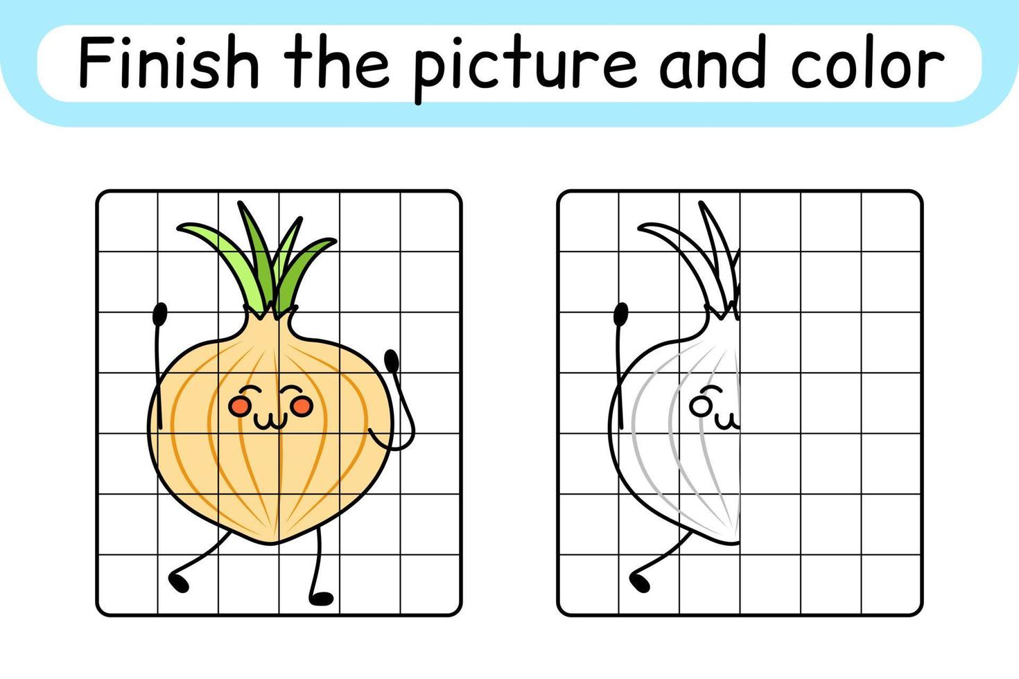Complete the picture onion. Copy the picture and color. Finish the image. Coloring book. Educational drawing exercise game for children vector