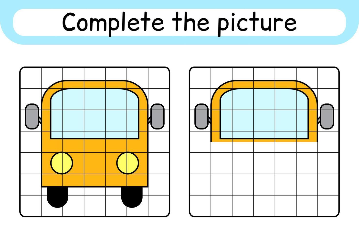 completar el autobús de la imagen. copiar la imagen y el color. terminar la imagen. libro de colorear. juego educativo de ejercicios de dibujo para niños vector