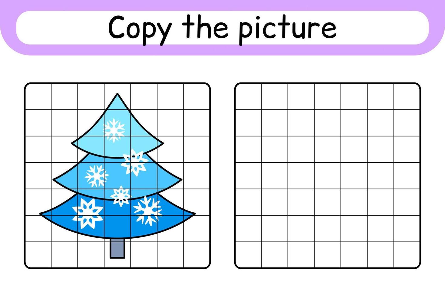 Copy the picture and color christmas tree. Complete the picture. Finish the image. Coloring book. Educational drawing exercise game for children vector