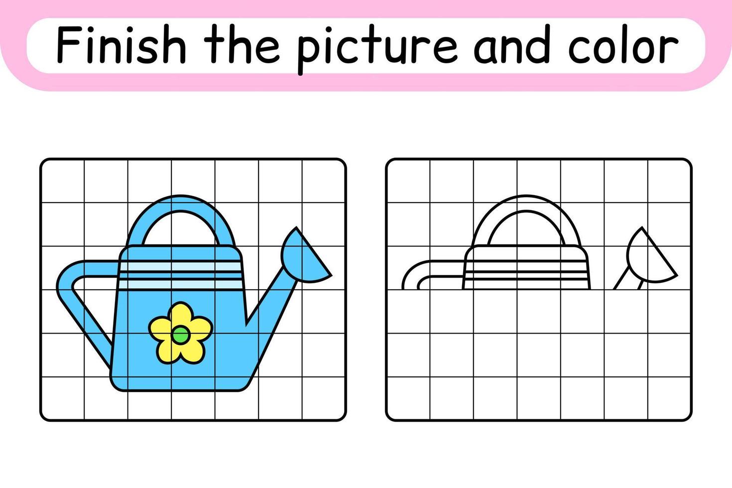 Complete the picture watering can. Copy the picture and color. Finish the image. Coloring book. Educational drawing exercise game for children vector