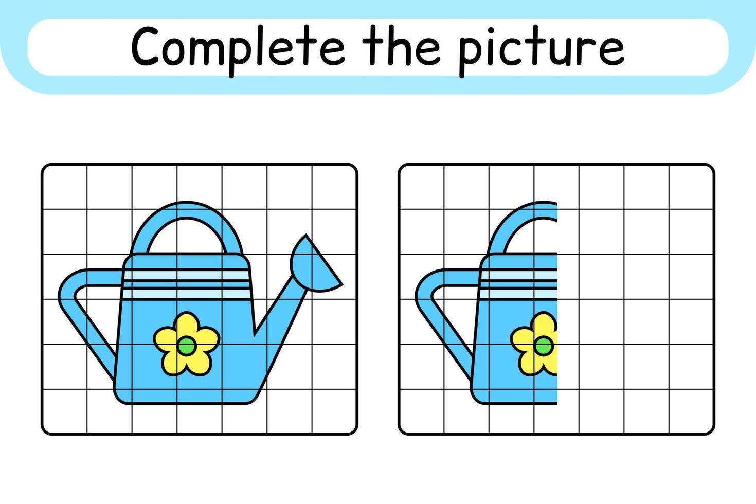 Complete the picture watering can. Copy the picture and color. Finish the image. Coloring book. Educational drawing exercise game for children vector