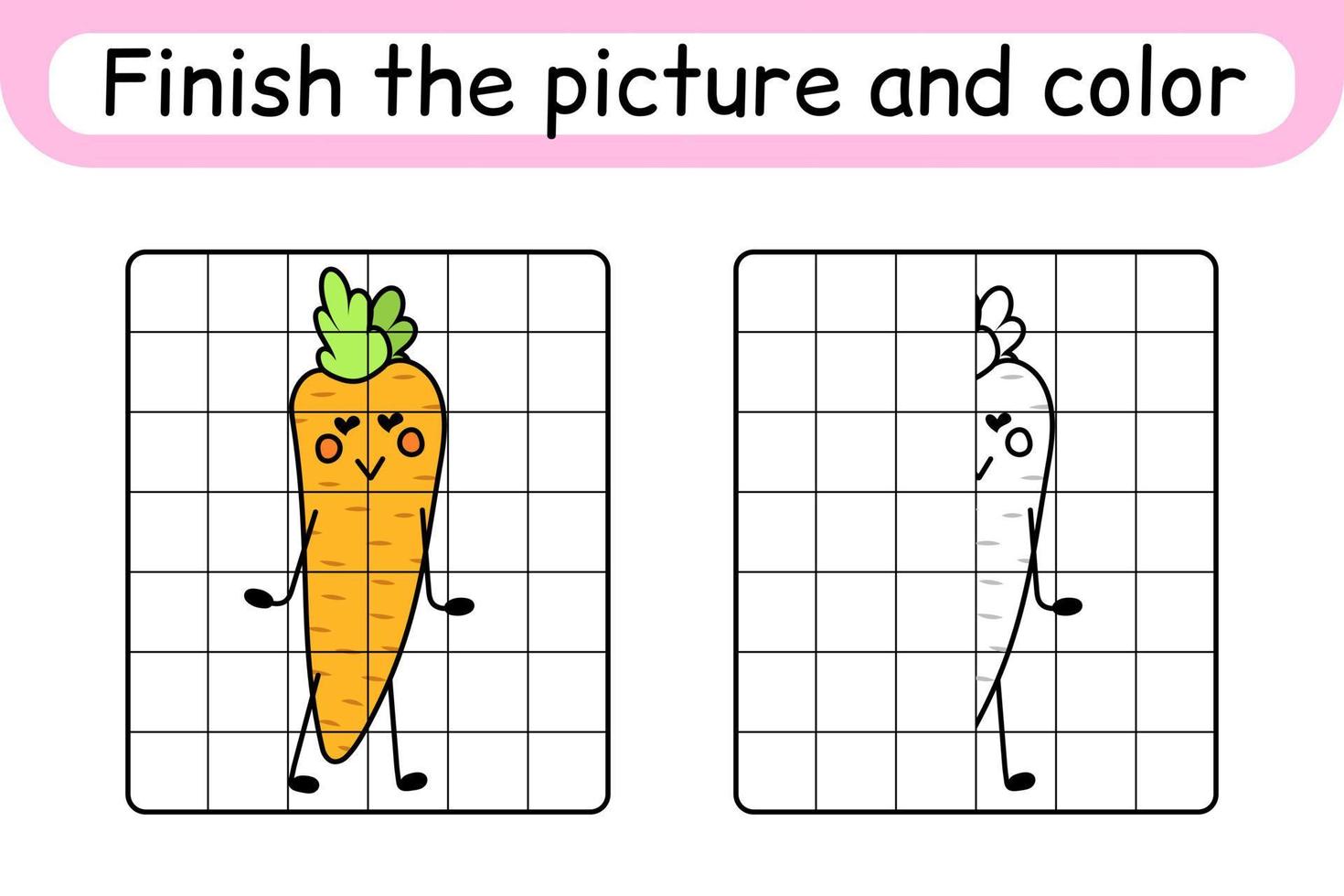 Complete the picture carrot. Copy the picture and color. Finish the image. Coloring book. Educational drawing exercise game for children vector