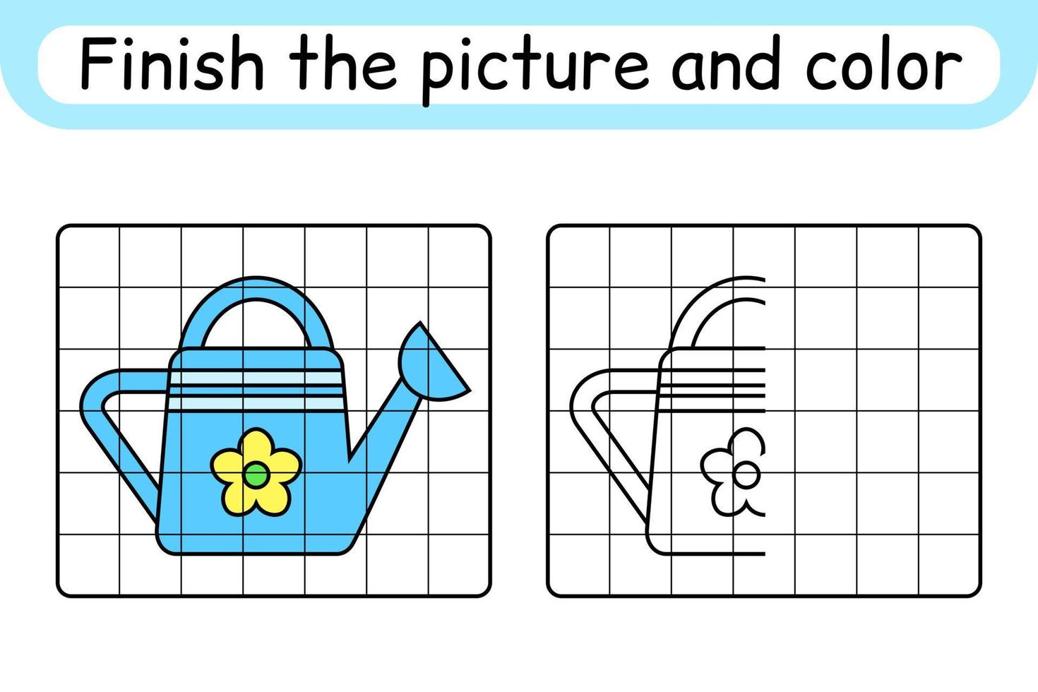 Complete the picture watering can. Copy the picture and color. Finish the image. Coloring book. Educational drawing exercise game for children vector